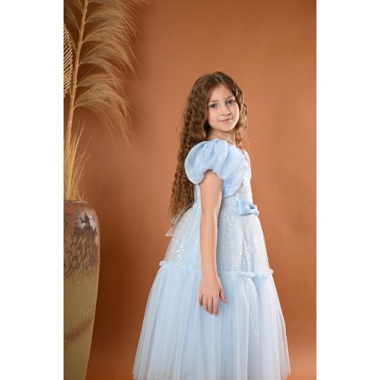 صورة فستان بناتي سهرة لونين منفوش بلمسات براقة